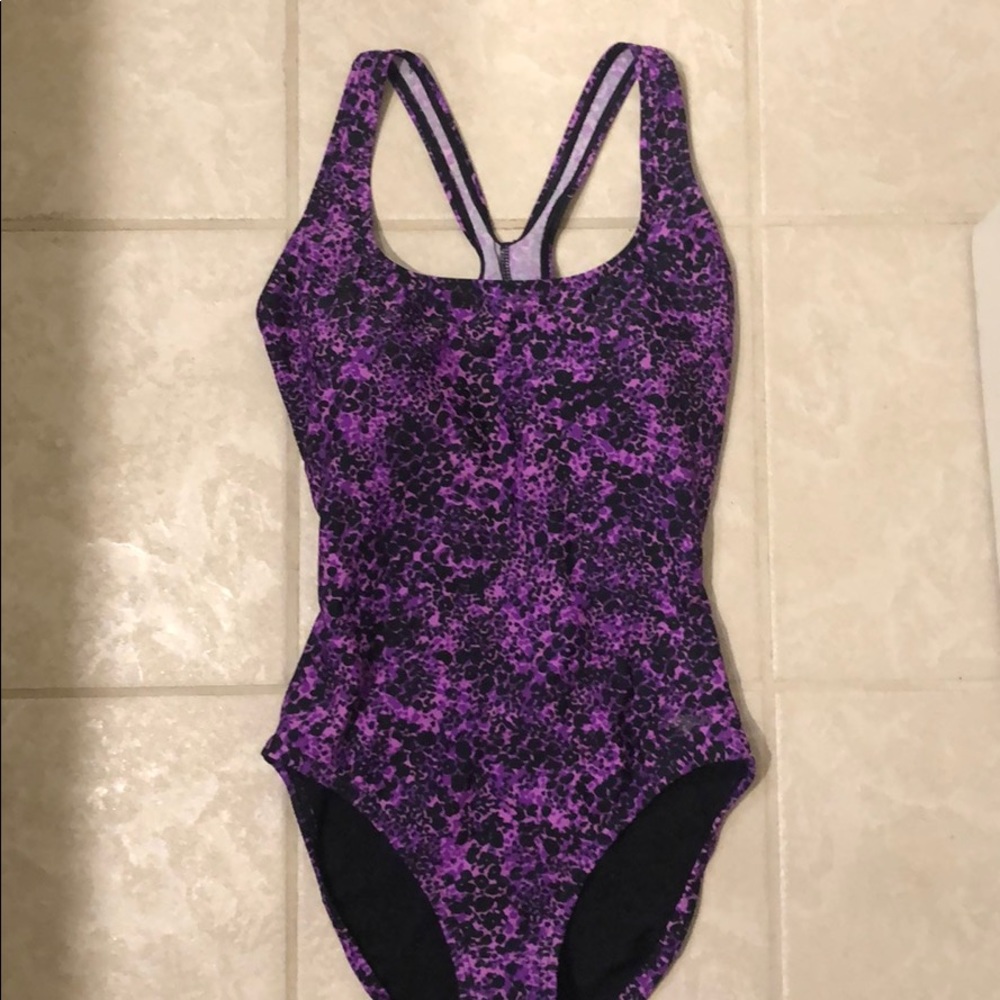 Purple and black one piece swim suit